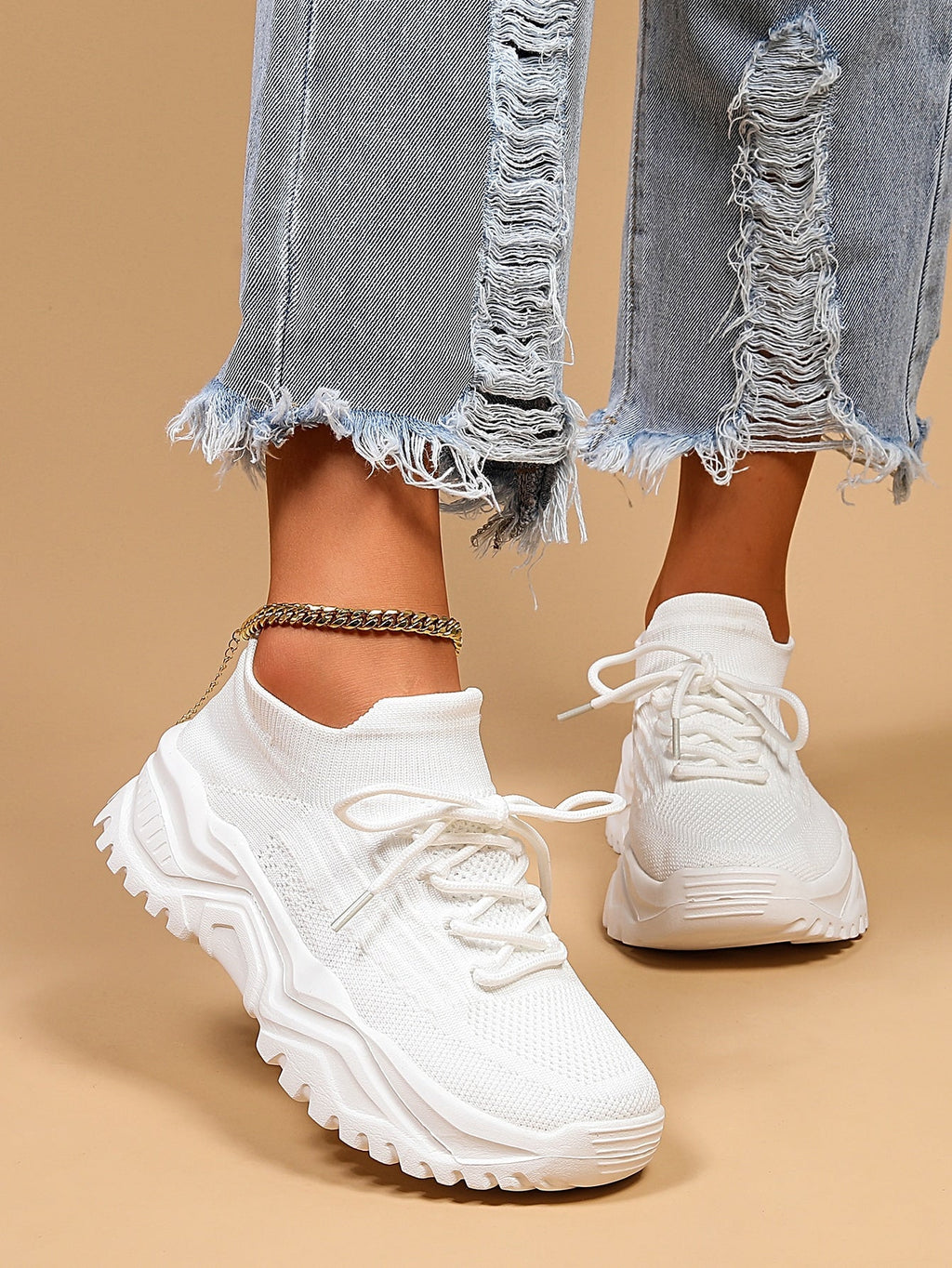 Women's Minimalist Thick Sole Sneakers Lace-Up Platform Round Toe Casual Sport – White