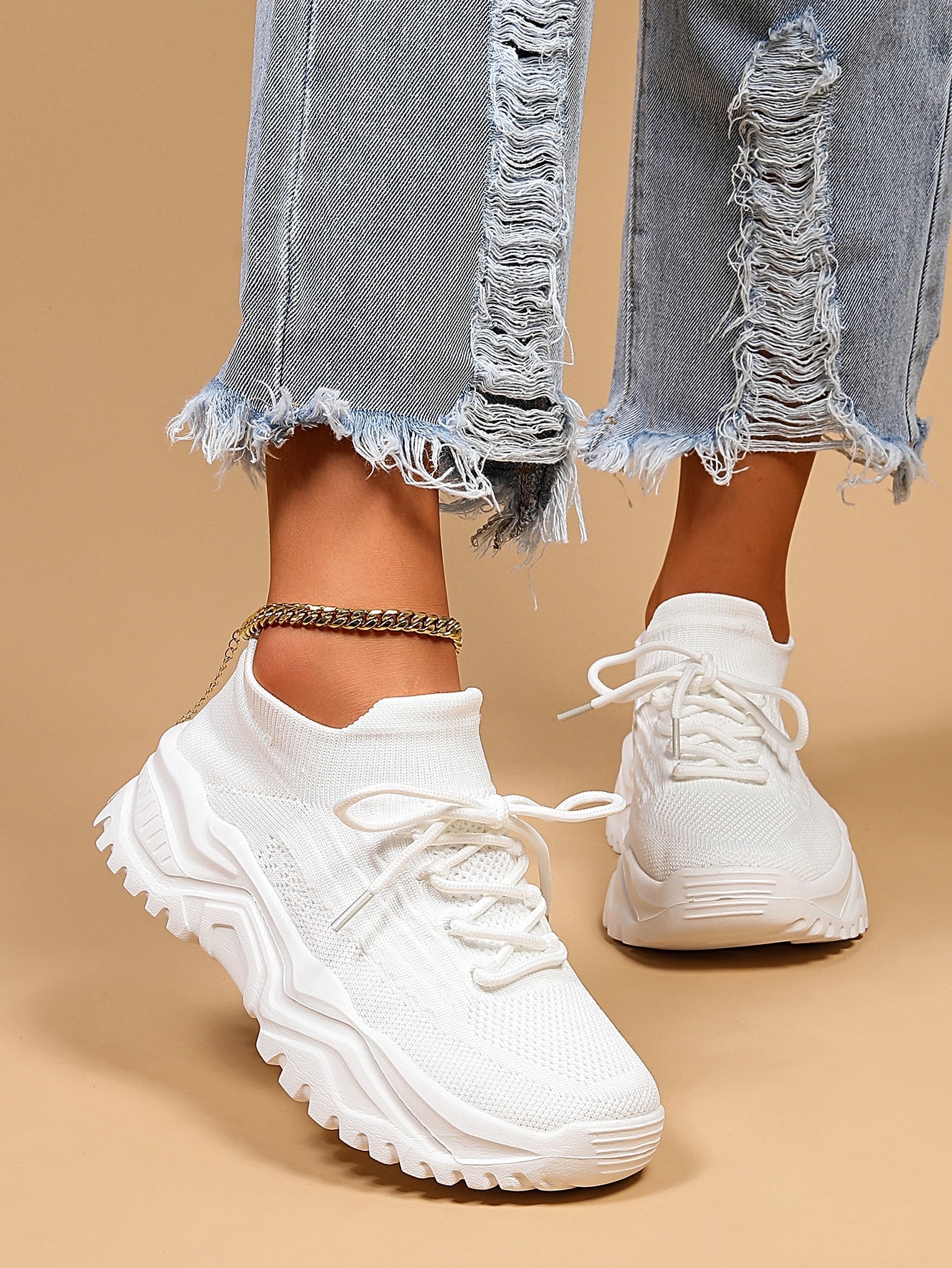 Women's Minimalist Thick Sole Sneakers Lace-Up Platform Round Toe Casual Sport – White