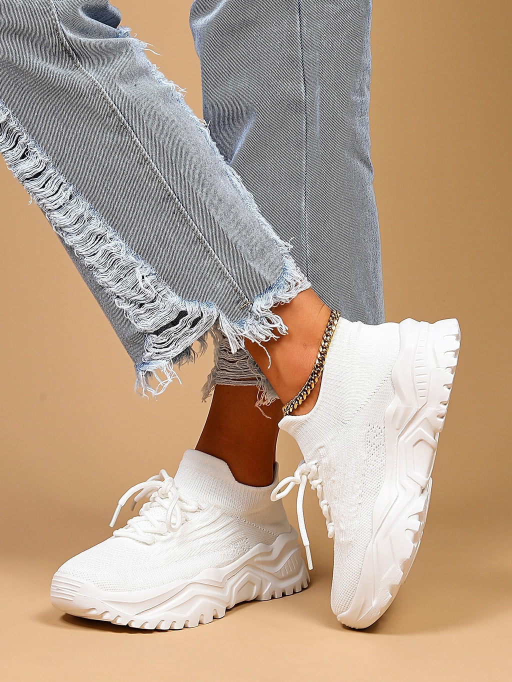 Women's Minimalist Thick Sole Sneakers Lace-Up Platform Round Toe Casual Sport – White