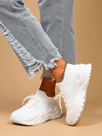 Women's Minimalist Thick Sole Sneakers Lace-Up Platform Round Toe Casual Sport – White