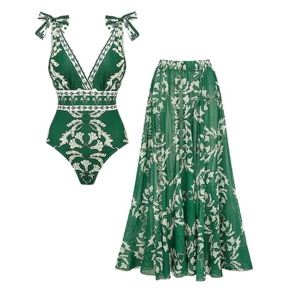 Women's V-Neck Lace-Up Printed One-Piece Swimsuit & Long Skirt Set Casual Beach Vacation Summer Resort Cover-Up – Green Floral