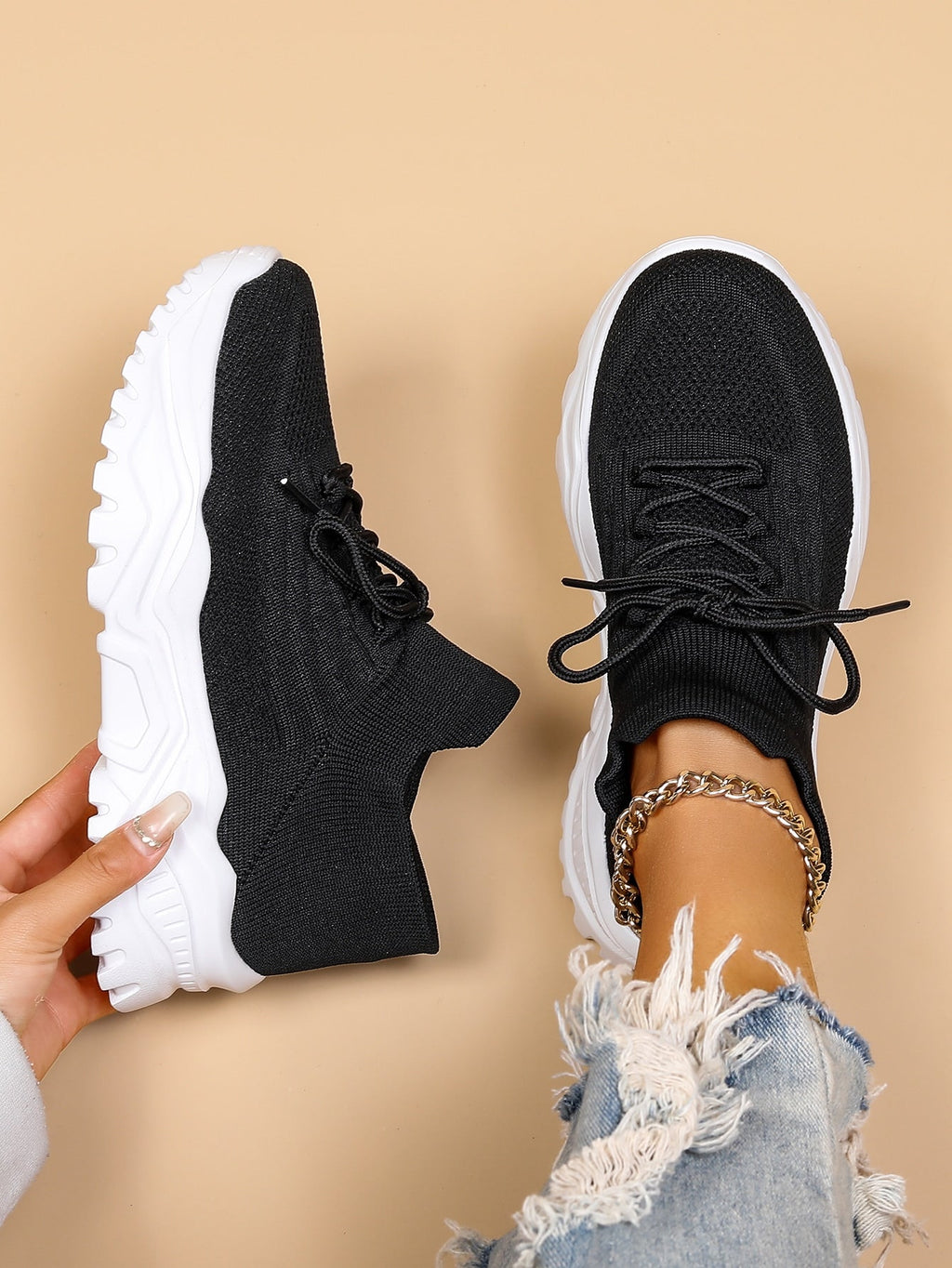 Women's Minimalist Thick Sole Sneakers Lace-Up Platform Round Toe Casual Sport – White