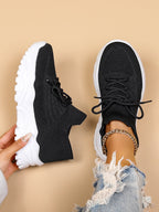 Women's Minimalist Thick Sole Sneakers Lace-Up Platform Round Toe Casual Sport – White