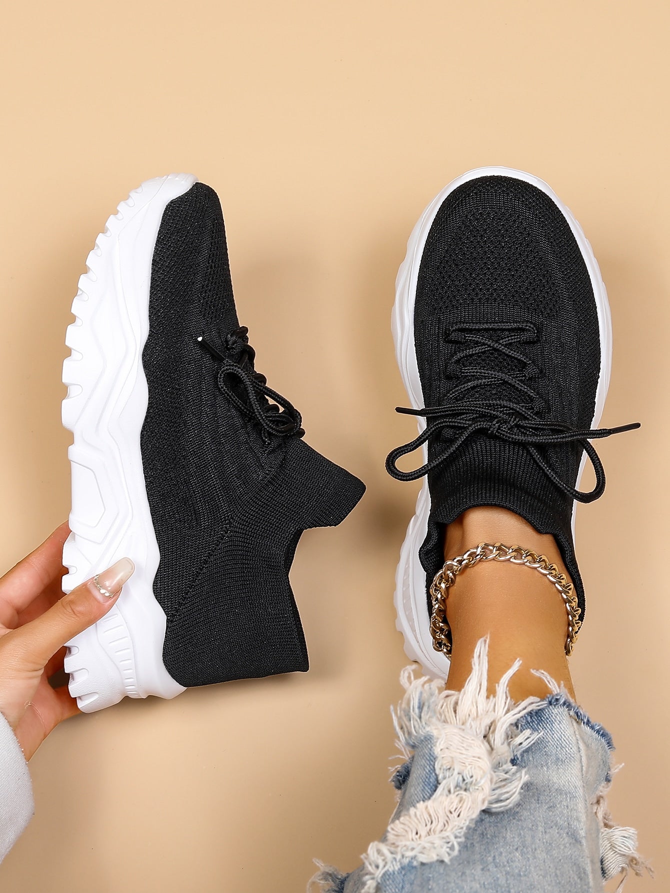 Women's Minimalist Thick Sole Sneakers Lace-Up Platform Round Toe Casual Sport – White