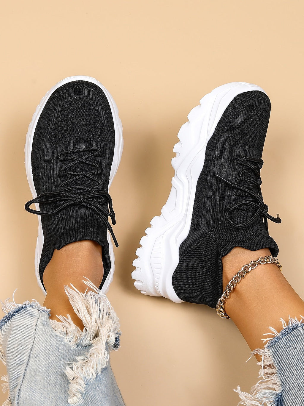 Women's Minimalist Thick Sole Sneakers Lace-Up Platform Round Toe Casual Sport – White