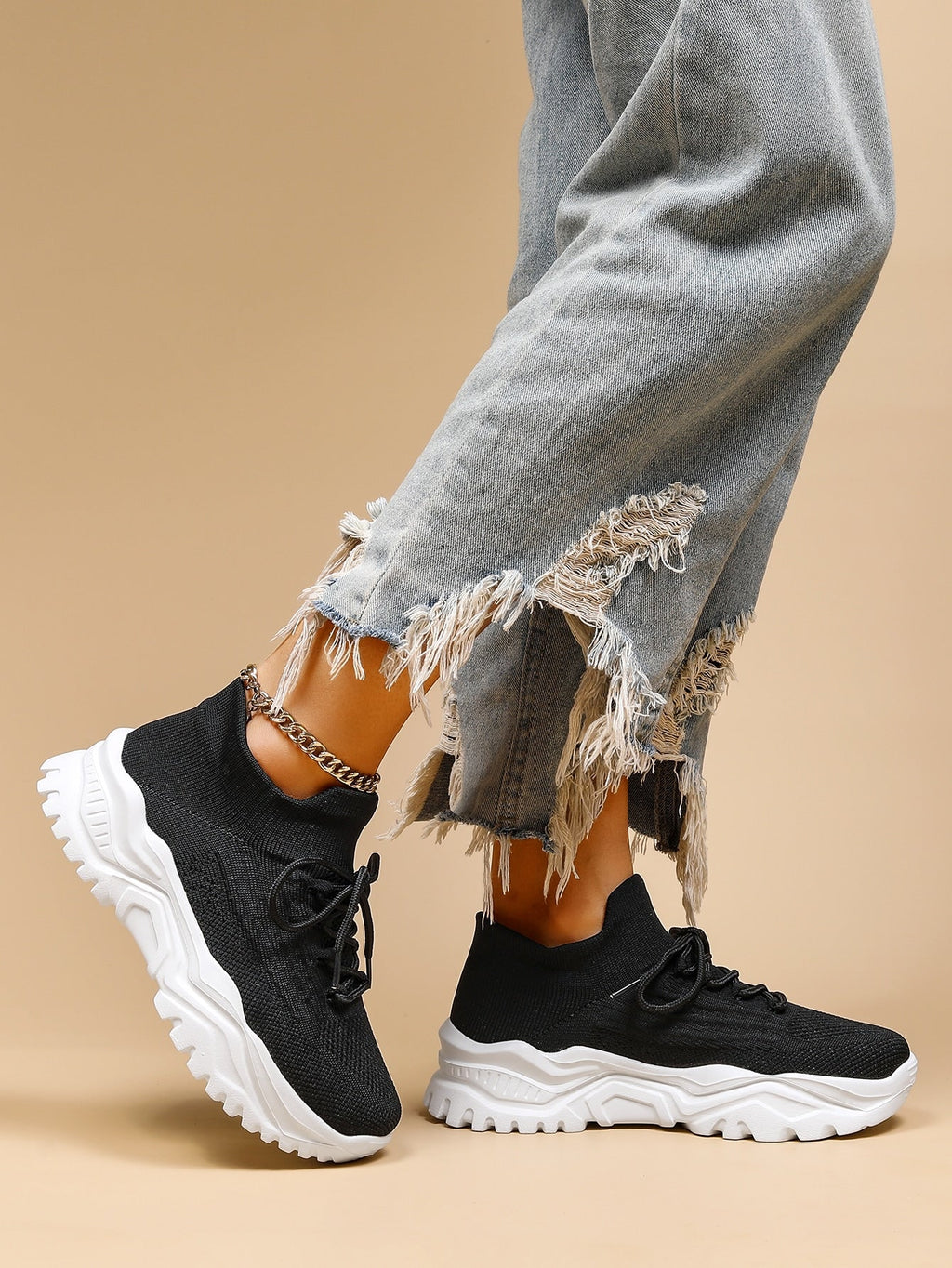 Women's Minimalist Thick Sole Sneakers Lace-Up Platform Round Toe Casual Sport – White