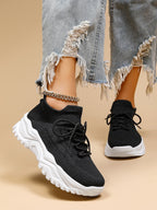 Women's Minimalist Thick Sole Sneakers Lace-Up Platform Round Toe Casual Sport – White