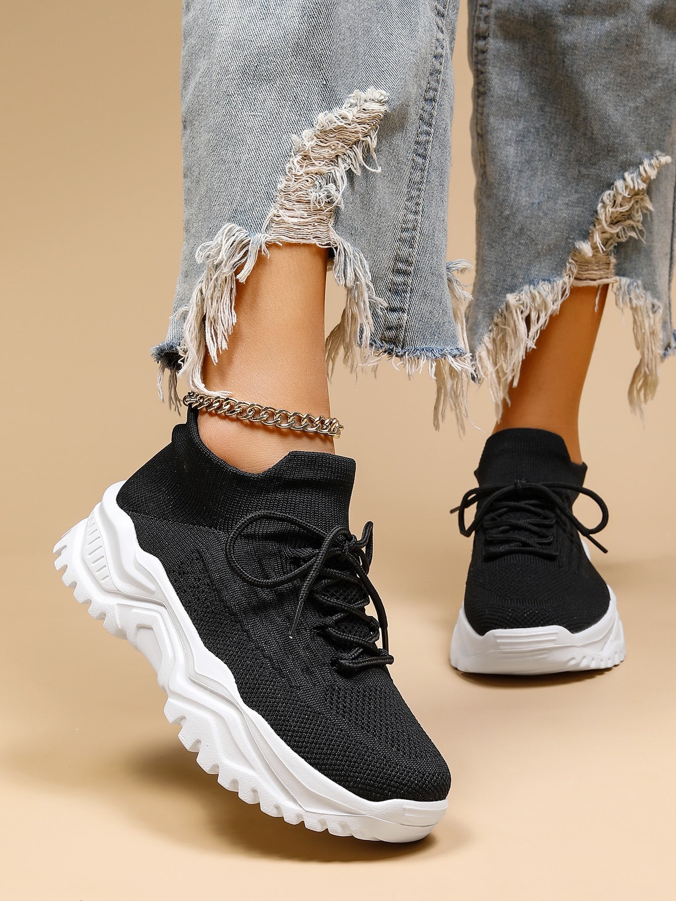 Women's Minimalist Thick Sole Sneakers Lace-Up Platform Round Toe Casual Sport – White