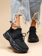 Women's Minimalist Thick Sole Sneakers Lace-Up Platform Round Toe Casual Sport – White