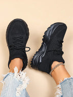 Women's Minimalist Thick Sole Sneakers Lace-Up Platform Round Toe Casual Sport – White
