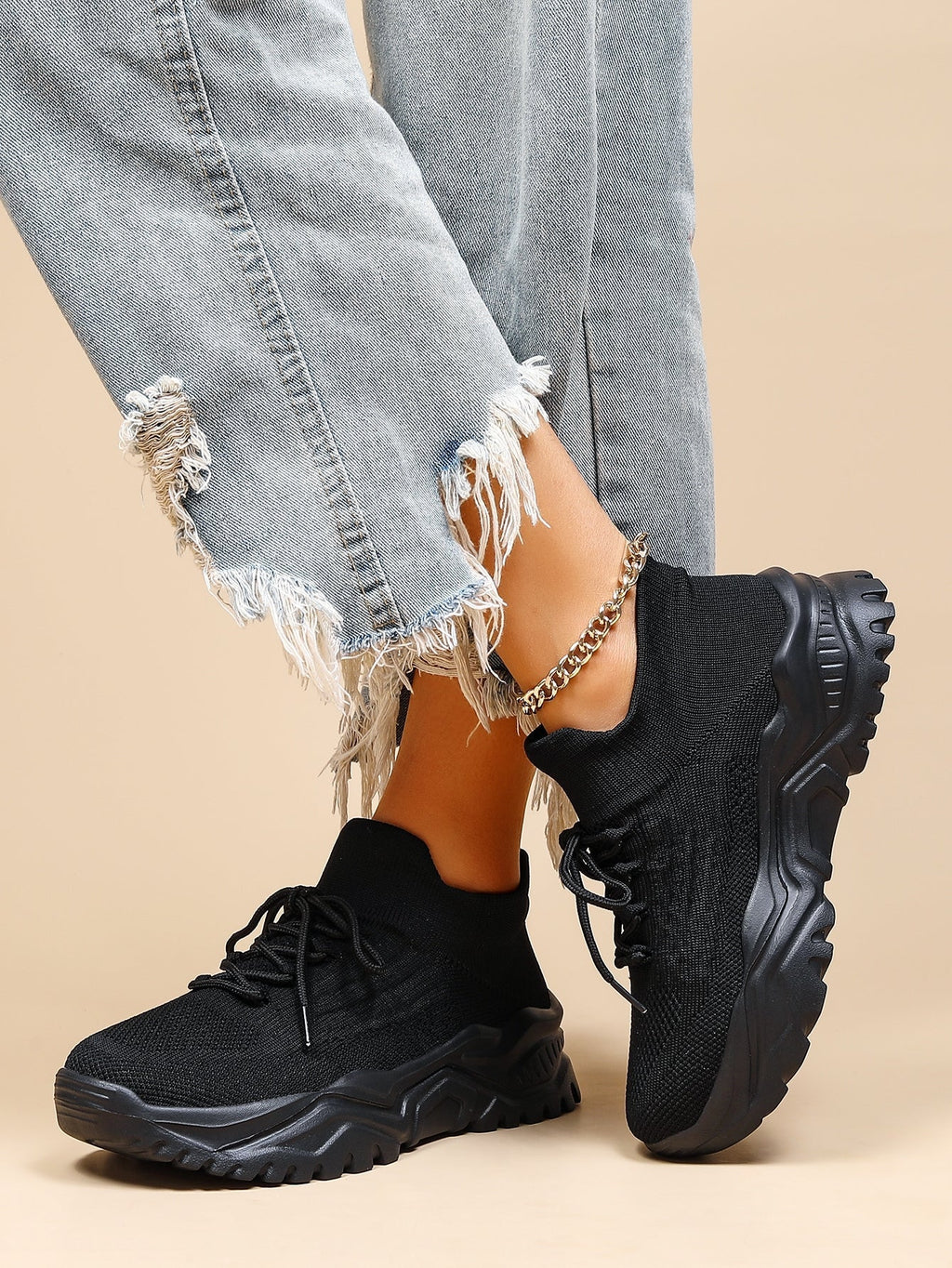 Women's Minimalist Thick Sole Sneakers Lace-Up Platform Round Toe Casual Sport – White