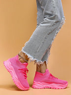 Women's Minimalist Thick Sole Sneakers Lace-Up Platform Round Toe Casual Sport – White