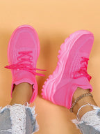 Women's Minimalist Thick Sole Sneakers Lace-Up Platform Round Toe Casual Sport – White