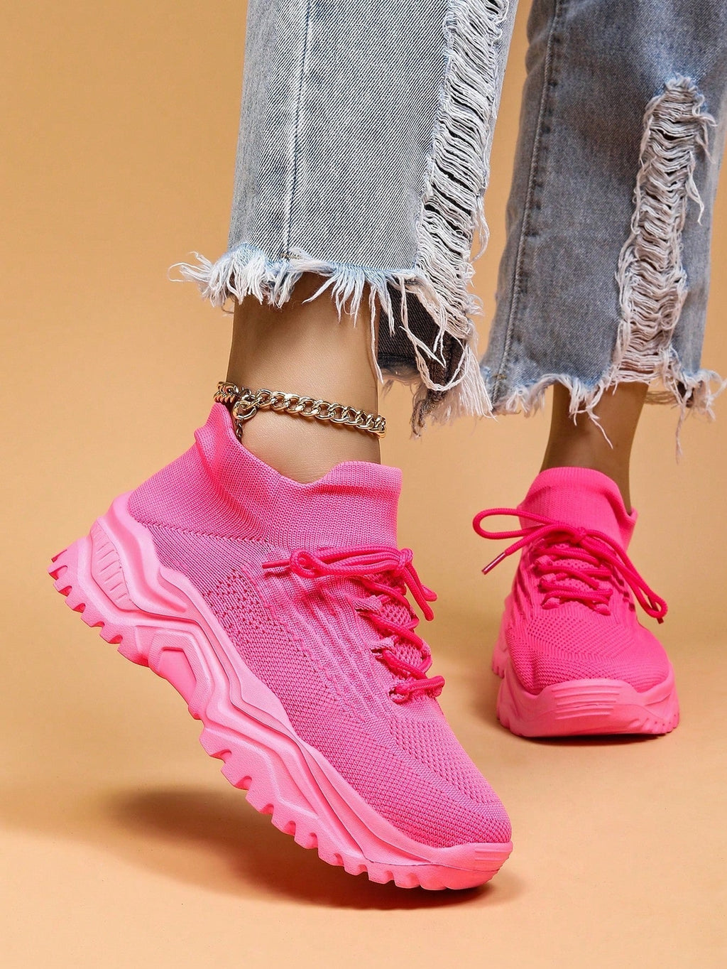 Women's Minimalist Thick Sole Sneakers Lace-Up Platform Round Toe Casual Sport – White
