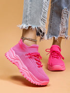 Women's Minimalist Thick Sole Sneakers Lace-Up Platform Round Toe Casual Sport – White