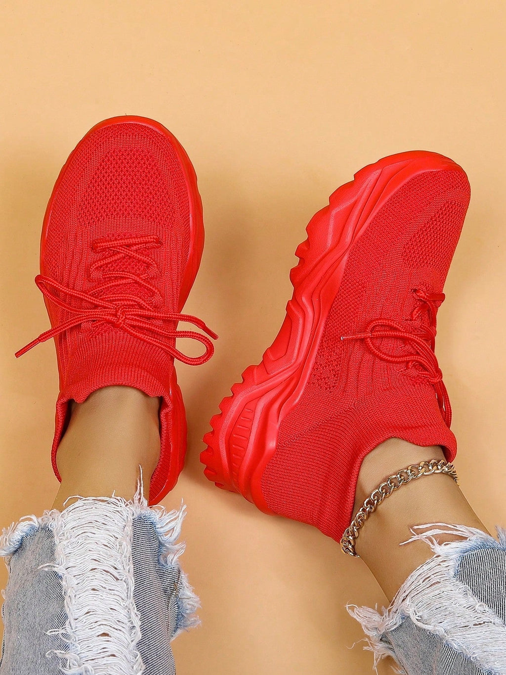 Women's Minimalist Thick Sole Sneakers Lace-Up Platform Round Toe Casual Sport – White