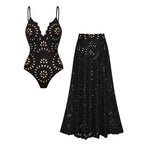 Women's Laser Cut Floral Hollow-Out One-Piece Swimsuit & Long Skirt Set V-Neck Beach Vacation Pool Party Resort Cruise – Black