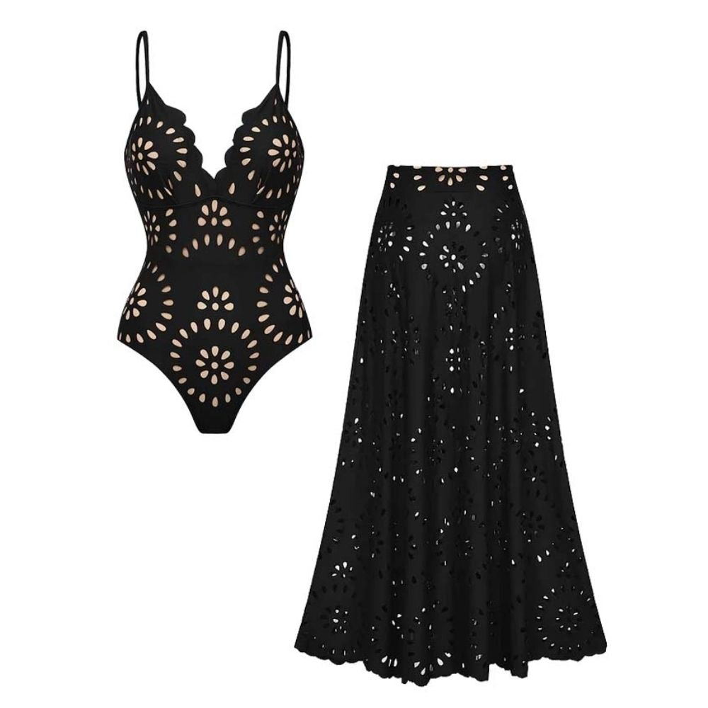 Women's Laser Cut Floral Hollow-Out One-Piece Swimsuit & Long Skirt Set V-Neck Beach Vacation Pool Party Resort Cruise – Black