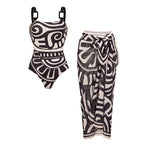 Women's Tribal Print One-Piece Swimsuit & Long Skirt Set Adjustable Straps Beach Vacation Pool Party Summer Resort – Black & White