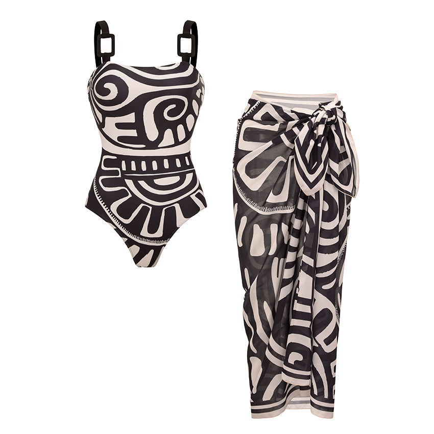 Women's Tribal Print One-Piece Swimsuit & Long Skirt Set Adjustable Straps Beach Vacation Pool Party Summer Resort – Black & White