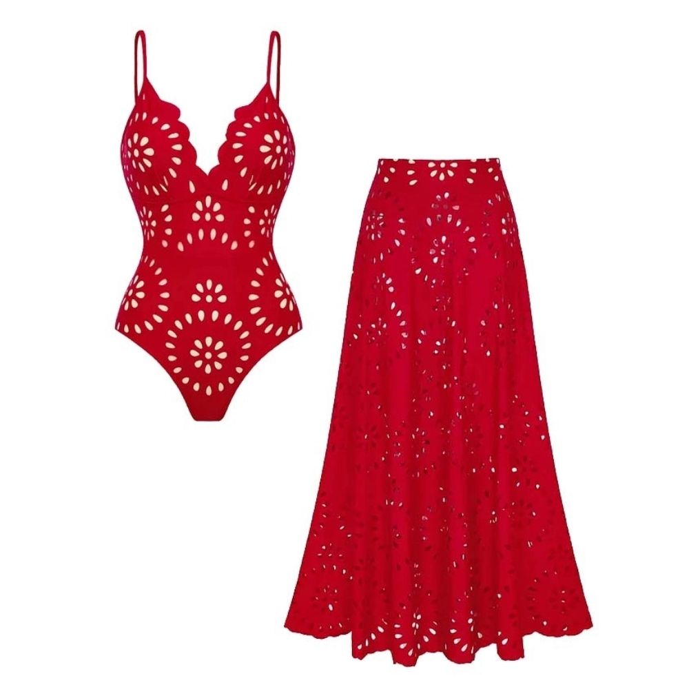 Women's Floral Hollow-Out One-Piece Swimsuit & Long Skirt Set V-Neck Beach Vacation Pool Party Summer Resort – Red