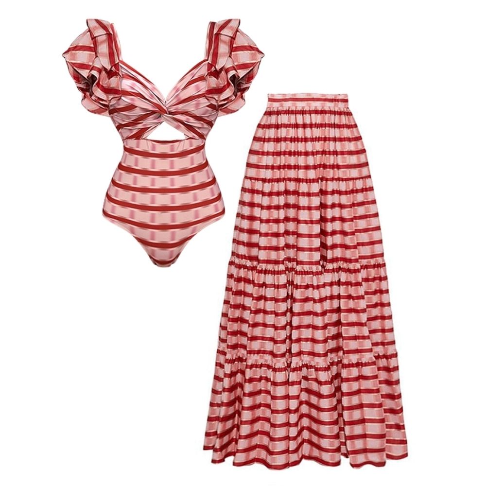 Women's Ruffle Cut-Out One-Piece Swimsuit & Long Skirt Set Red Striped Twist Front Beach Vacation Pool Party Summer Resort – Red & White