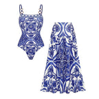 Women's Majolica Print One-Piece Swimsuit & Skirt or Shorts Set Sling Neck Beach Vacation Resort Pool Party Cruise Summer – Blue & White