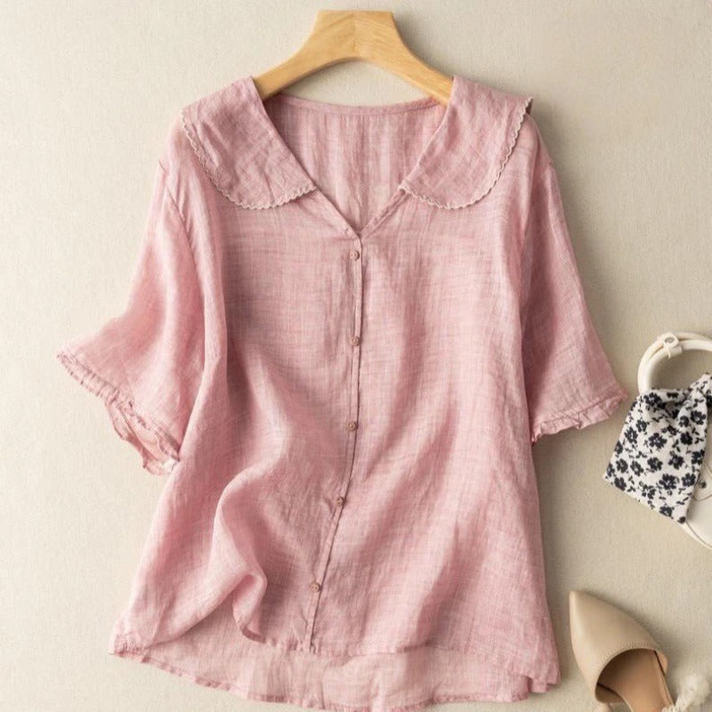 Women's Vintage Blouse Button Detail Peter Pan Collar Long Sleeve Soft Casual Elegant – Kristi