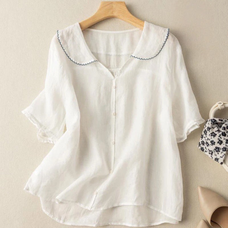 Women's Vintage Blouse Button Detail Peter Pan Collar Long Sleeve Soft Casual Elegant – Kristi