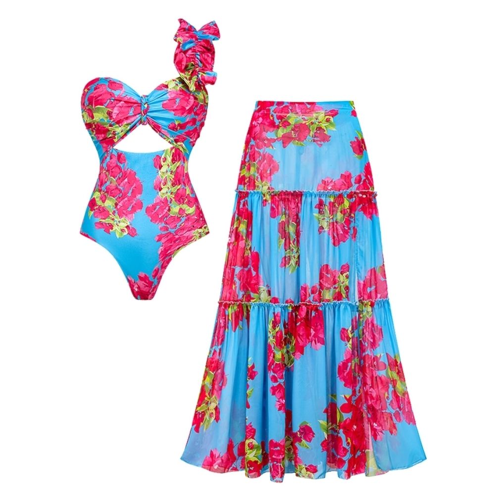 Women's Laser Cut Flower Hollow One-Piece Swimsuit with Cover Up Skirt V-Neck Elegant Beach Summer Swimwear – Navy Blue