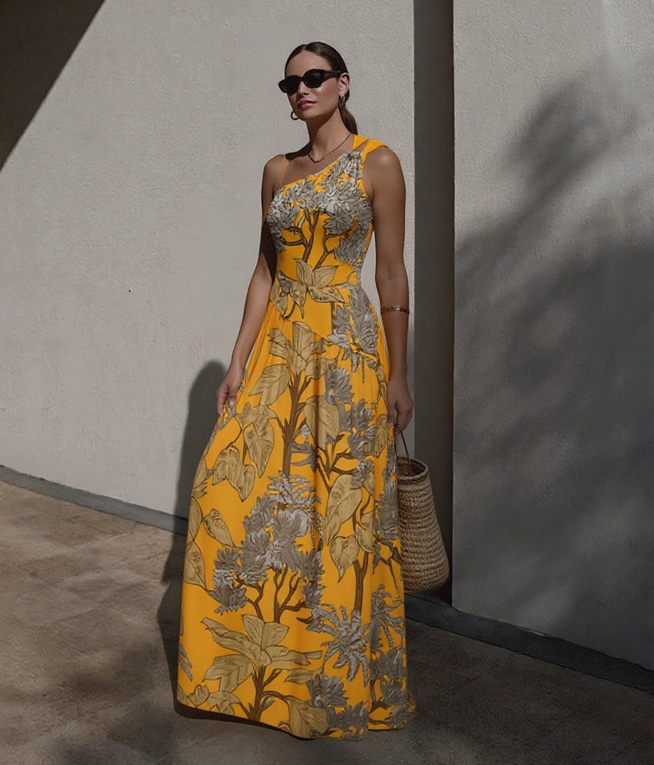 Women's One-Shoulder Floral Printed One-Piece Swimsuit & Long Skirt Set Beach Vacation Pool Party Resort Tropical Summer – Yellow