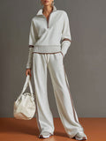 Women's Retro Sporty Two-Piece Set Half-Zip Sweatshirt Wide-Leg Pants Striped Webbing Casual – Grey White
