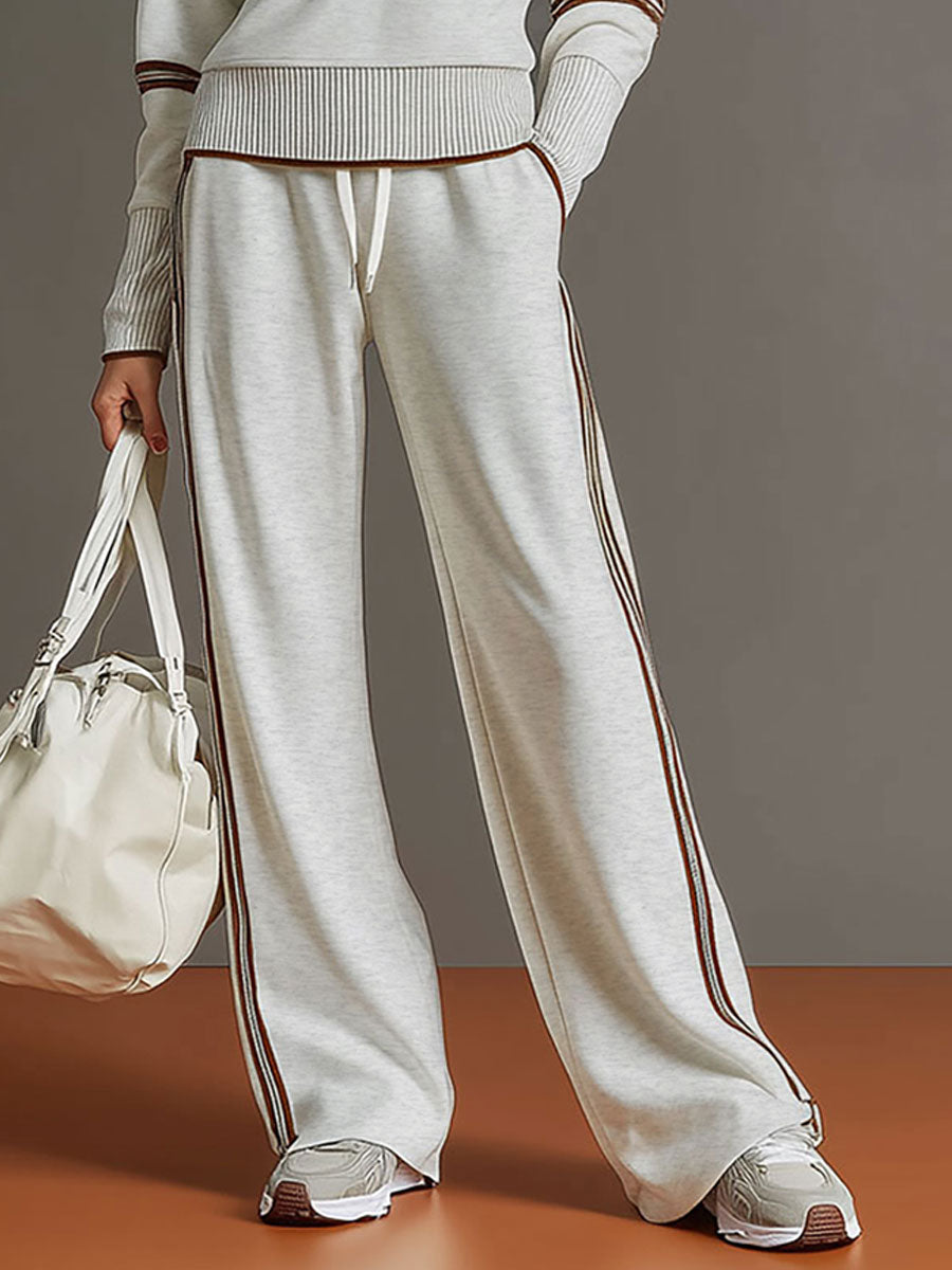 Women's Retro Sporty Two-Piece Set Half-Zip Sweatshirt Wide-Leg Pants Striped Webbing Casual – Grey White