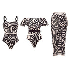 Women's Tribal Print One-Piece Swimsuit & Long Skirt Set Adjustable Straps Beach Vacation Pool Party Summer Resort – Black & White
