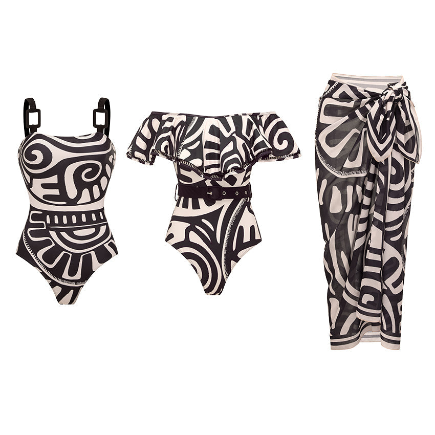 Women's Tribal Print One-Piece Swimsuit & Long Skirt Set Adjustable Straps Beach Vacation Pool Party Summer Resort – Black & White