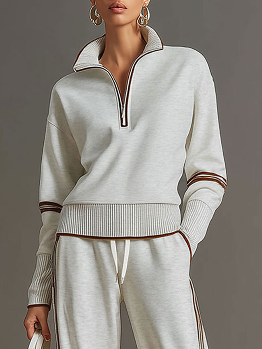 Women's Retro Sporty Two-Piece Set Half-Zip Sweatshirt Wide-Leg Pants Striped Webbing Casual – Grey White