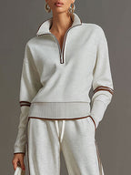 Women's Retro Sporty Two-Piece Set Half-Zip Sweatshirt Wide-Leg Pants Striped Webbing Casual – Grey White