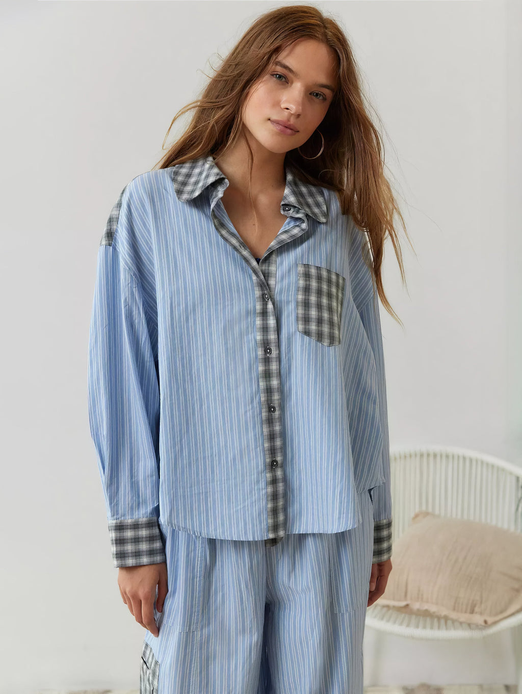 Women's Elegant Plaid Pajama Set Long Sleeve Shirt Wide Leg Pants Soft Casual Loungewear – Sara