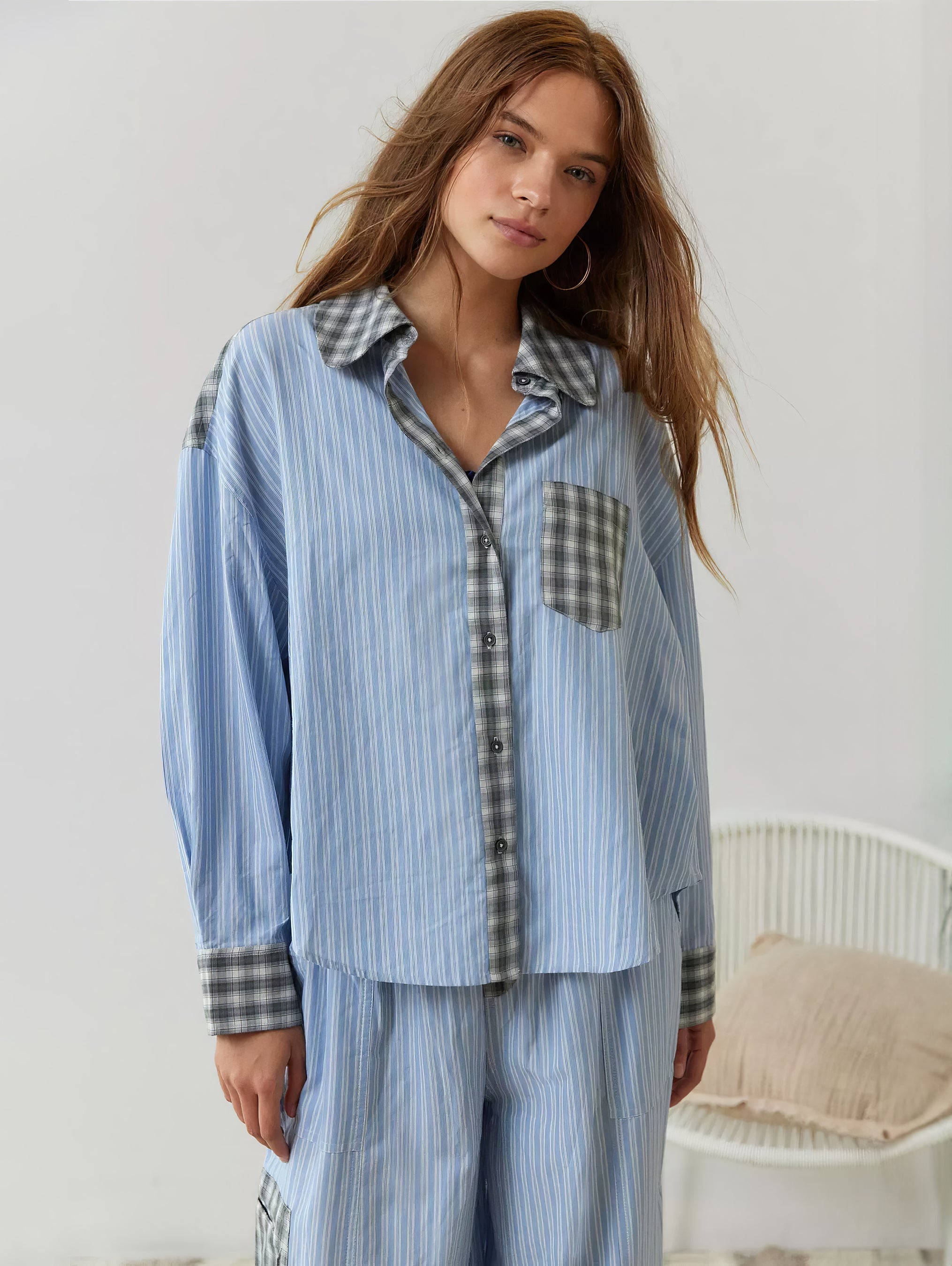 Women's Elegant Plaid Pajama Set Long Sleeve Shirt Wide Leg Pants Soft Casual Loungewear – Sara