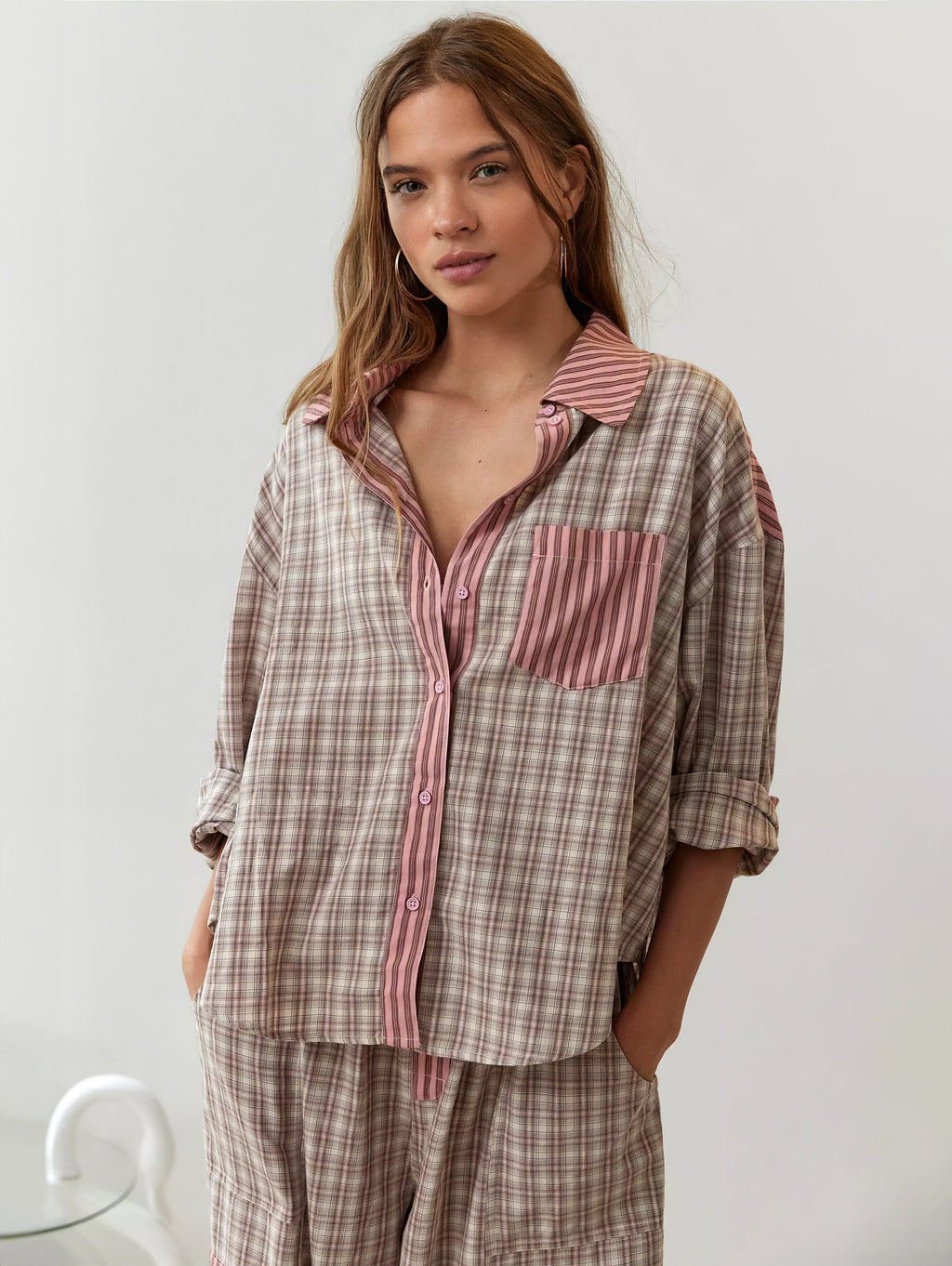 Women's Elegant Plaid Pajama Set Long Sleeve Shirt Wide Leg Pants Soft Casual Loungewear – Sara