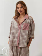 Women's Elegant Plaid Pajama Set Long Sleeve Shirt Wide Leg Pants Soft Casual Loungewear – Sara
