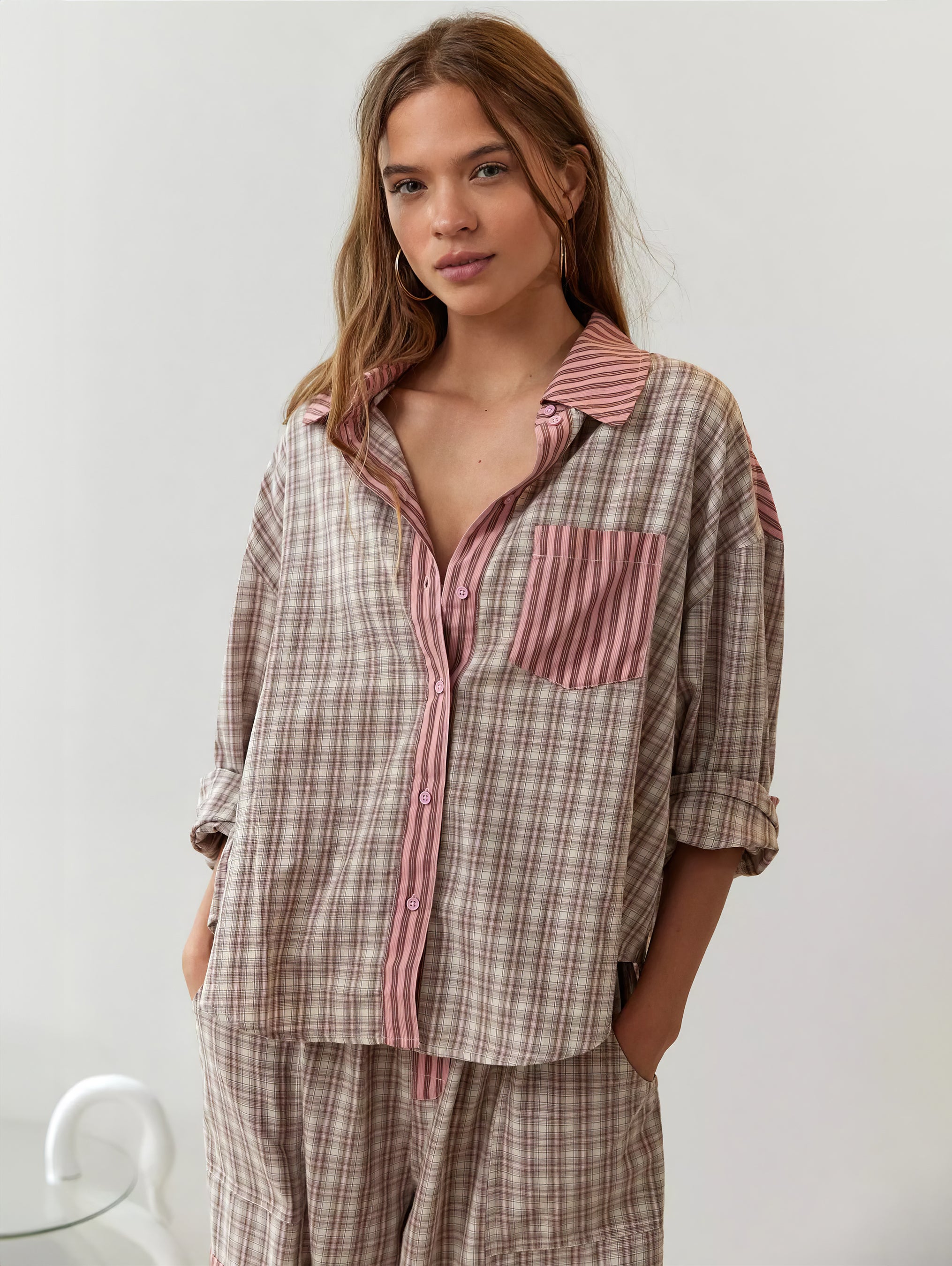 Women's Elegant Plaid Pajama Set Long Sleeve Shirt Wide Leg Pants Soft Casual Loungewear – Sara