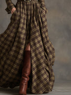 Women's Retro Ethnic Plaid Cowgirl Long Dress Lapel Belted Long Sleeve Casual Relaxed – Reddish Brown