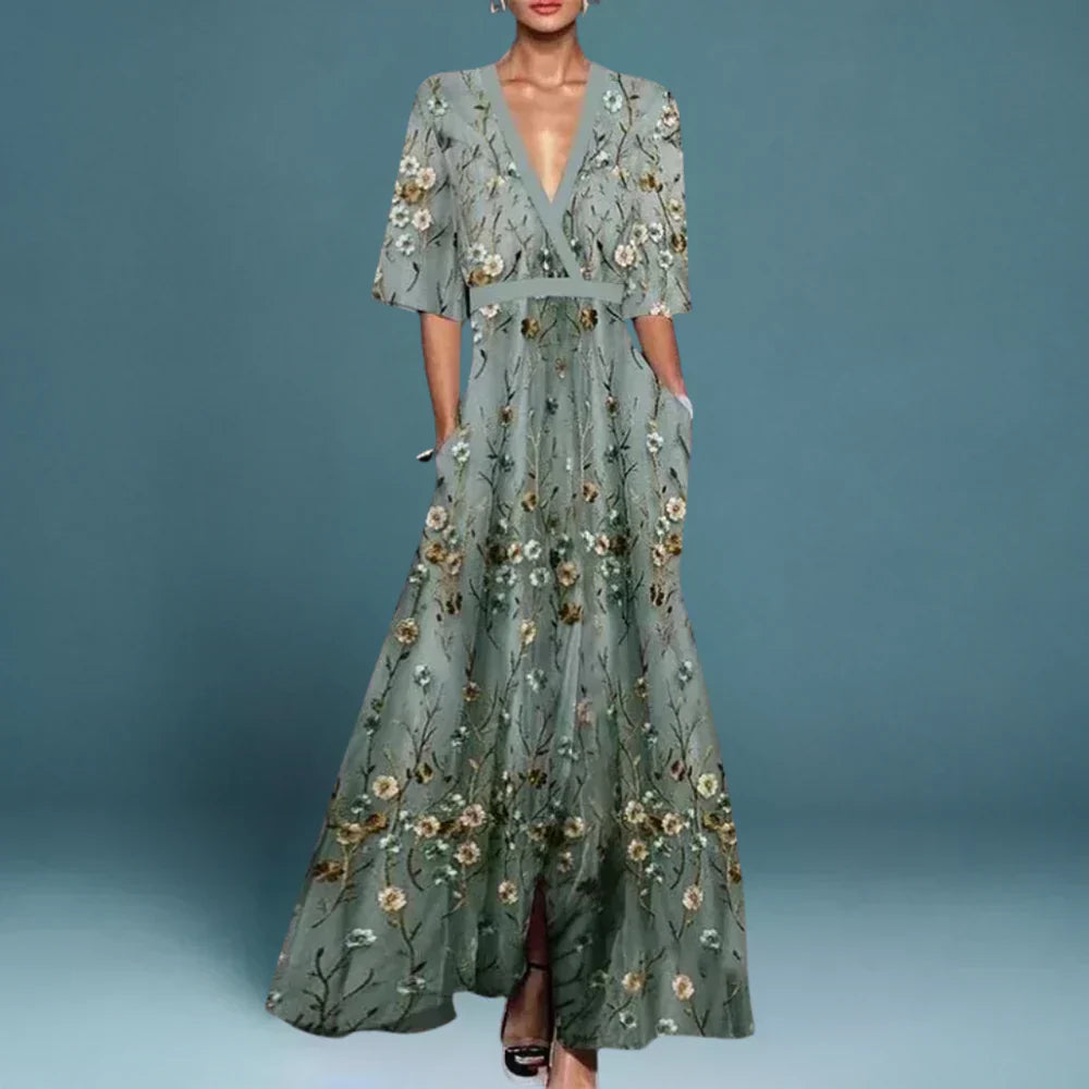 Women's Elegant Floral Long Dress V-Neck Long Sleeve Formal Garden Party Summer Gala – Jill