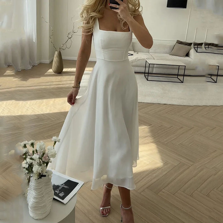 Women's Formal Party Dress Midi Wedding Guest Square Neck Fitted Bodice Fluid Skirt Elegant
