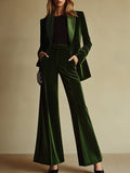 Women's High-End Velvet Two-Piece Suit Notched Lapel Blazer Wide-Leg Pants Retro Elegant – Green