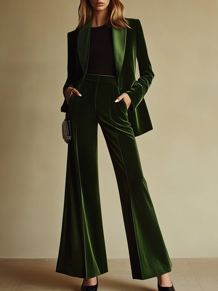 Women's High-End Velvet Two-Piece Suit Notched Lapel Blazer Wide-Leg Pants Retro Elegant – Green