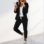 Women's Stylish Blazer & Jogger Trouser Set Business Casual Polyester Slim Fit Everyday – Black