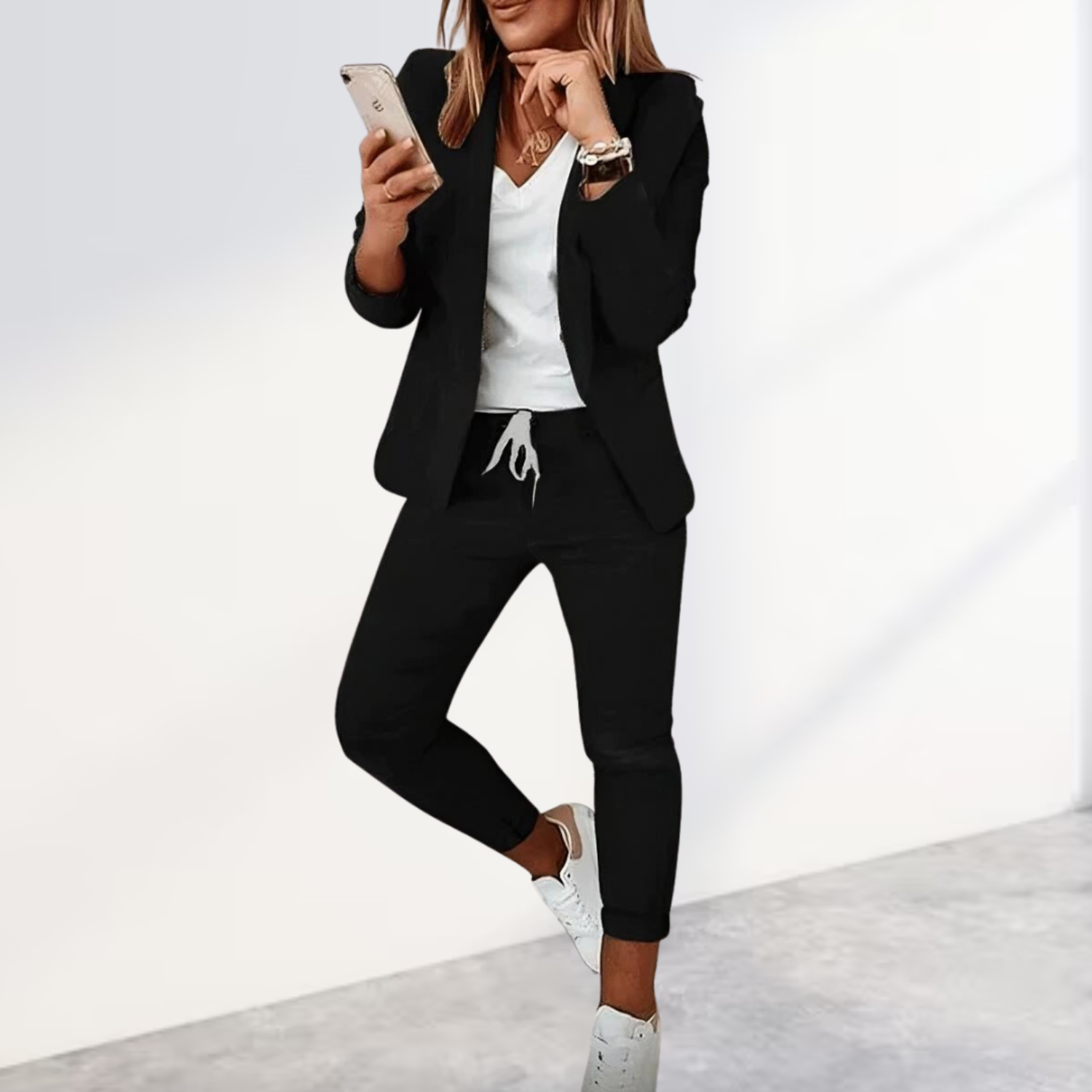 Women's Stylish Blazer & Jogger Trouser Set Business Casual Polyester Slim Fit Everyday – Black