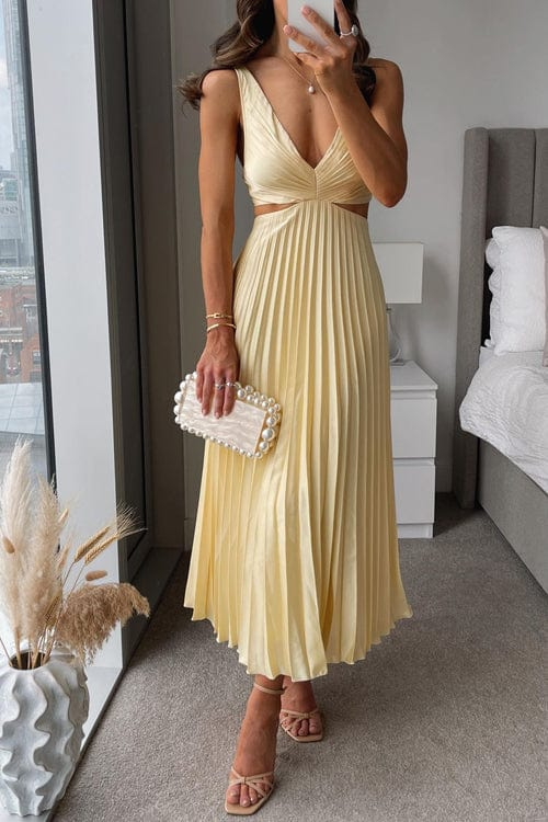 Women's Elegant Pleated Midi Dress Formal Summer Party Wedding Guest Casual V-Neckline – Sanne